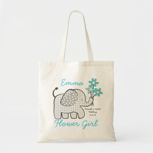 Flower Girl Gingham Elephant with Bouquet Blue Tote Bag (Front)