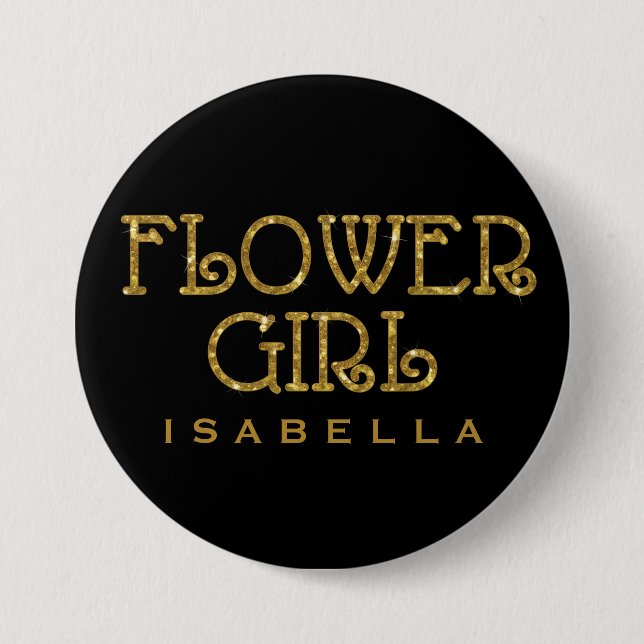 Flower Girl Gold Faux Glitter Name Tag Button (Front)