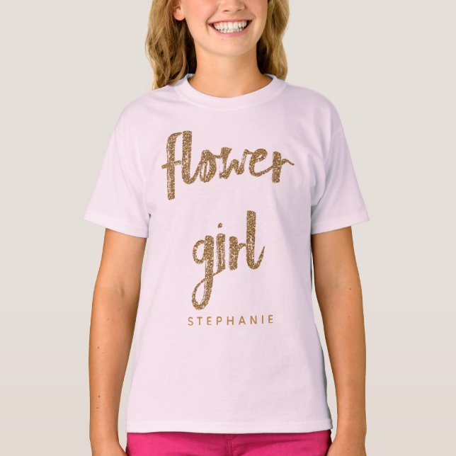Flower Girl Gold Glitter Wedding Party T-Shirt (Front)