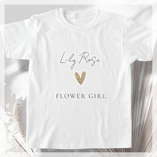 Flower Girl Gold Heart Modern Script  T-Shirt (Creator Uploaded)