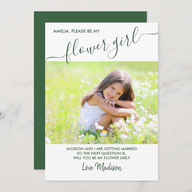 Flower Girl Green and White Photo Proposal Card (Front/Back)