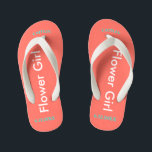 Flower Girl NAME Coral Kid's Jandals<br><div class="desc">Flower Girl is written in white text against bright coral colour. Name and Date of Wedding is pretty turquoise blue. Personalise your little flower girls name in arched uppercase letters. Click Customise to increase or decrease name size to fall within safe lines. Pretty beach destination flip flops as part of...</div>