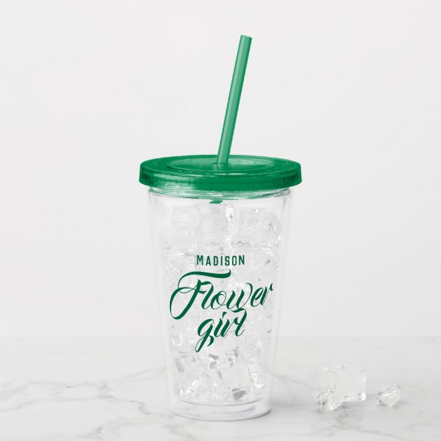 Flower Girl Name Green Script Bridal Wedding Gift Acrylic Tumbler (Back Ice)
