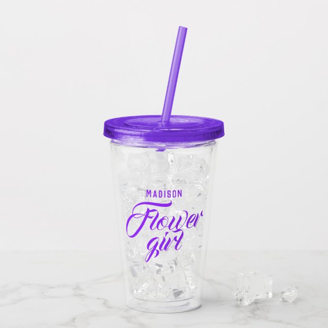 Flower Girl Name Purple Script Bridal Wedding Gift Acrylic Tumbler (Back Ice)