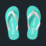 Flower Girl NAME Turquoise Kid's Jandals<br><div class="desc">Flower Girl is written in white text against bright happy turquoise colour. Name and Date of Wedding is pretty coral. Personalise your little flower girls name in arched uppercase letters. Click Customise to increase or decrease name size to fall within safe lines. Pretty beach destination flip flops as part of...</div>