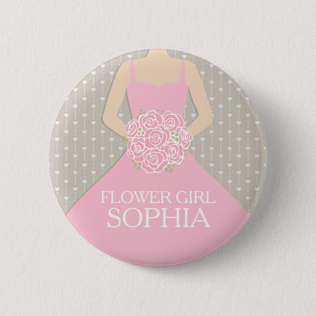 Flower girl pink dress named wedding pin button (Front)