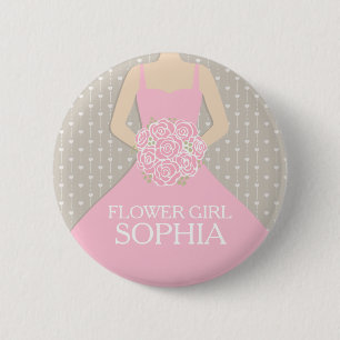 Flower girl pink dress named wedding pin button