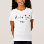 Flower Girl Pretty Script Typography with Name T-Shirt<br><div class="desc">The words "Flower Girl" are rendered in black using a gorgeous, modern script font from my collection. The image file is unlocked so you can reduce the size and add text for the name, if you wish. You can adjust and edit this design as much as you like! Feel free...</div>