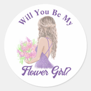 flower girl proposal, modern purple script classic round sticker