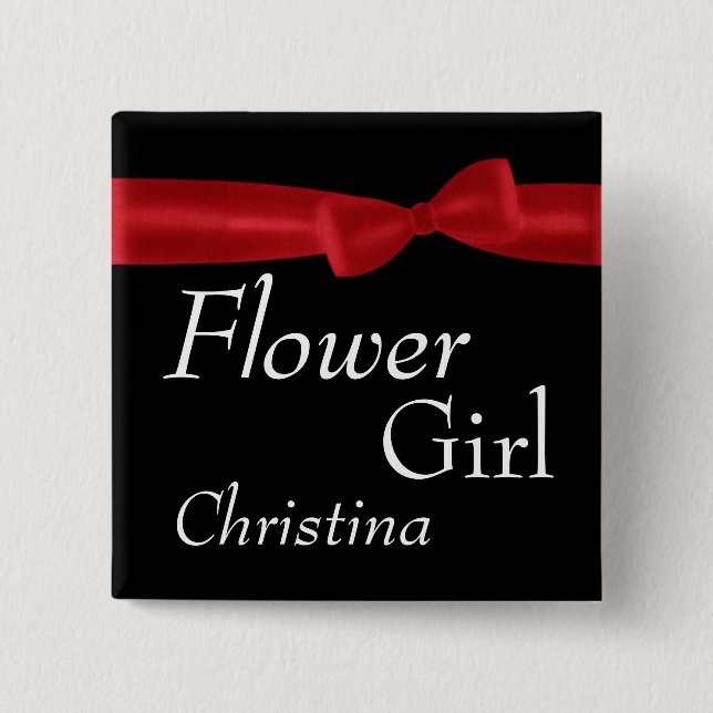 FLOWER GIRL Red Bow Wedding Custom Name 15 Cm Square Badge (Front)