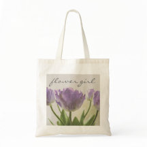Flower girl tote bag with purple wedding tulips