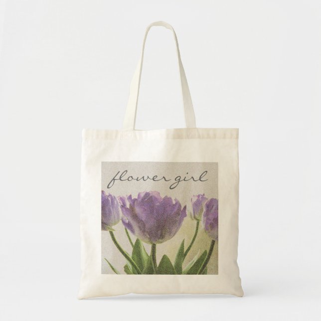 Flower girl tote bag with purple wedding tulips (Front)