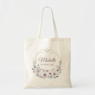 FLOWER GIRL Violet Rose Floral Wreath with NAME Tote Bag