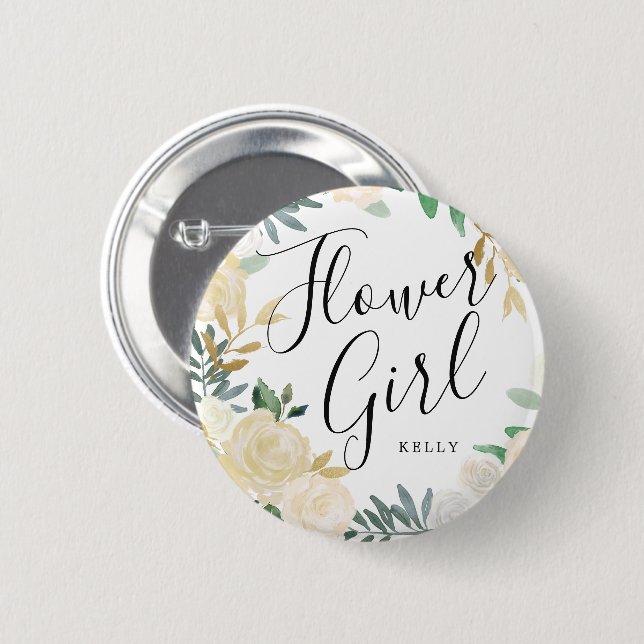 Flower Girl White Rose Bouquet Custom Wedding 6 Cm Round Badge (Front & Back)