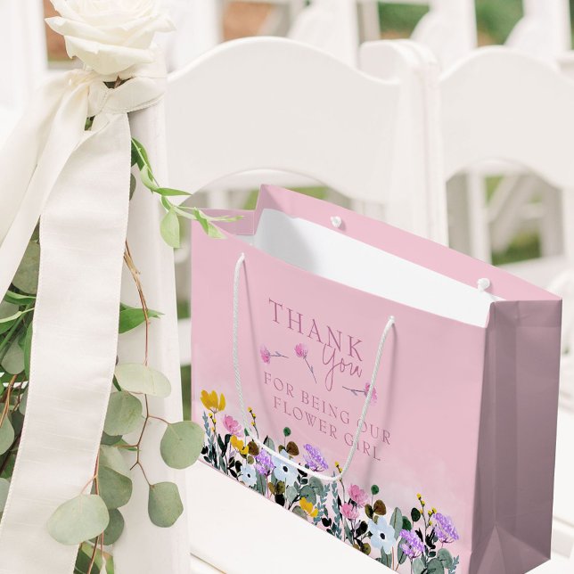 Flower Girl Wildflower Lawn Pink Thank You Large Large Gift Bag (Flower Girl Wedding Gift Bag with pretty wildflowers from my Wildflower Lawn collection)