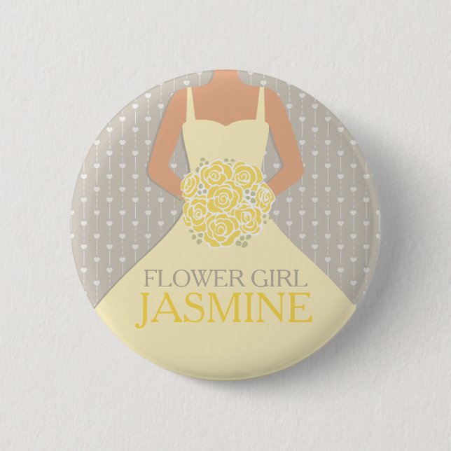 Flower girl yellow dress named wedding pin button (Front)