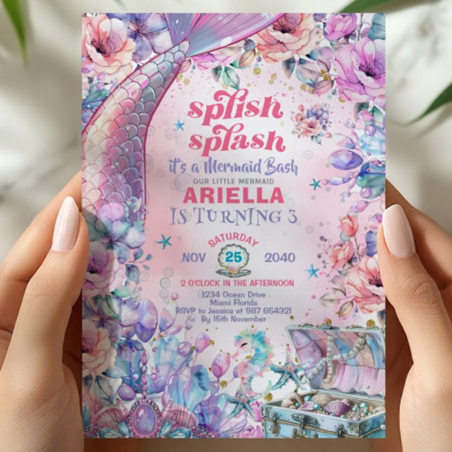 Flower Glitter Mermaid Tail 3rd Birthday  Invitation (Creator Uploaded)