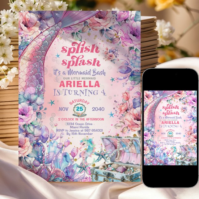 Flower Glitter Mermaid Tail 4th Birthday  Invitation (Creator Uploaded)