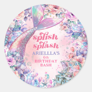 Flower Glitter Mermaid Tail 6th Birthday Classic Round Sticker