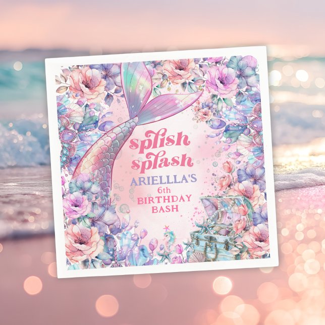 Flower Glitter Mermaid Tail 6th Birthday Napkin (Creator Uploaded)