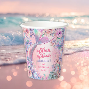 Flower Glitter Mermaid Tail 6th Birthday Paper Cups