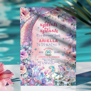 Flower Glitter Mermaid Tail 8th Birthday  Invitation