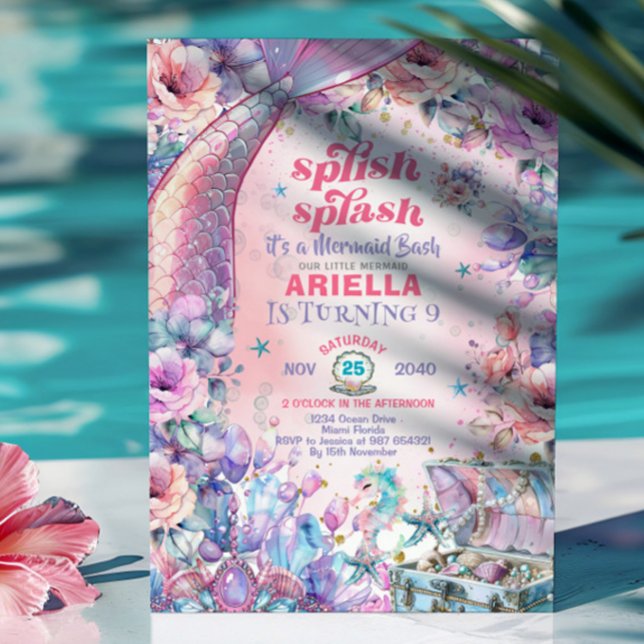 Flower Glitter Mermaid Tail 9th Birthday  Invitation (Creator Uploaded)