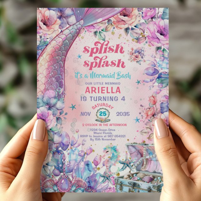 Flower Glitter Mermaid Tail Pink and Purple Invitation (Creator Uploaded)