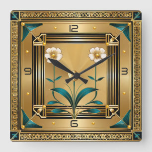 Flower Gold Art Deco Square Wall Clock