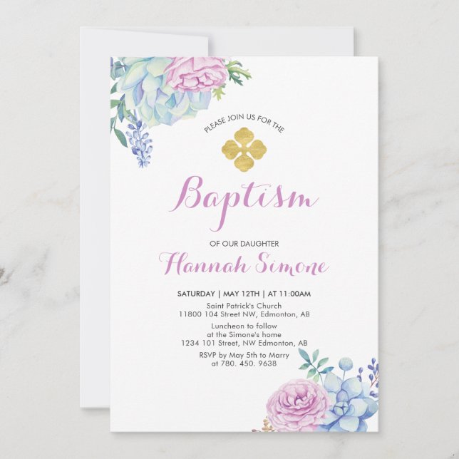 Flower & Gold Cross | Girl Baptism / Christening Invitation (Front)