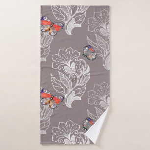Flower graphic and butterfly, watercolor, pattern bath towel