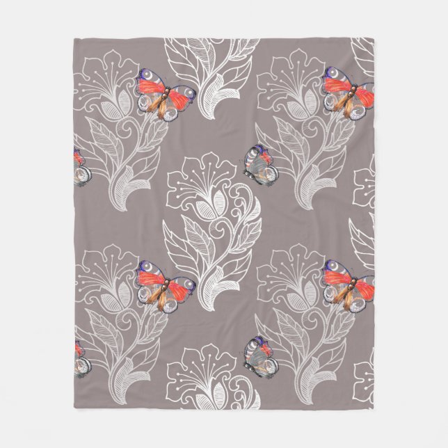 Flower graphic and butterfly, watercolor, pattern  fleece blanket (Front)