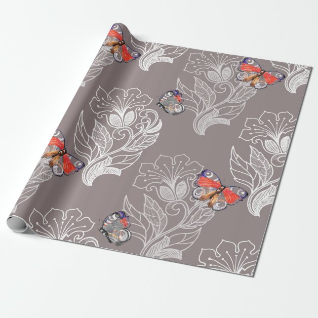 Flower graphic and butterfly, watercolor, pattern  wrapping paper (Unrolled)