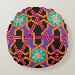 Flower green orange and purple Geometric ethnic na Round Cushion