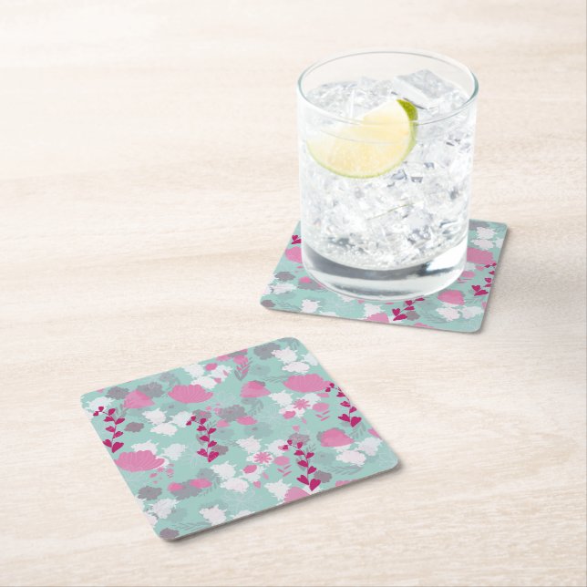 flower green square paper coaster (Insitu)