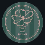 Flower Green Stripe Wedding Classic Round Sticker<br><div class="desc">Floral line drawing over green stripe background with hand drawn frame.</div>