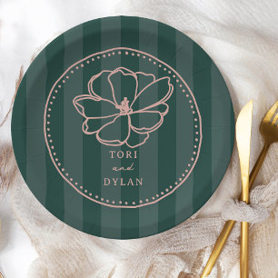 Flower Green Stripe Wedding Paper Plate