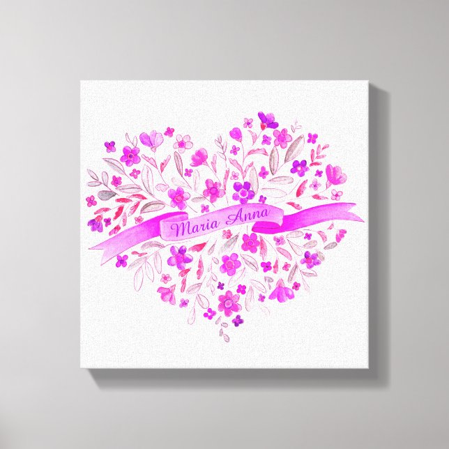 Flower heart pink purple name watercolor art canvas print (Front)