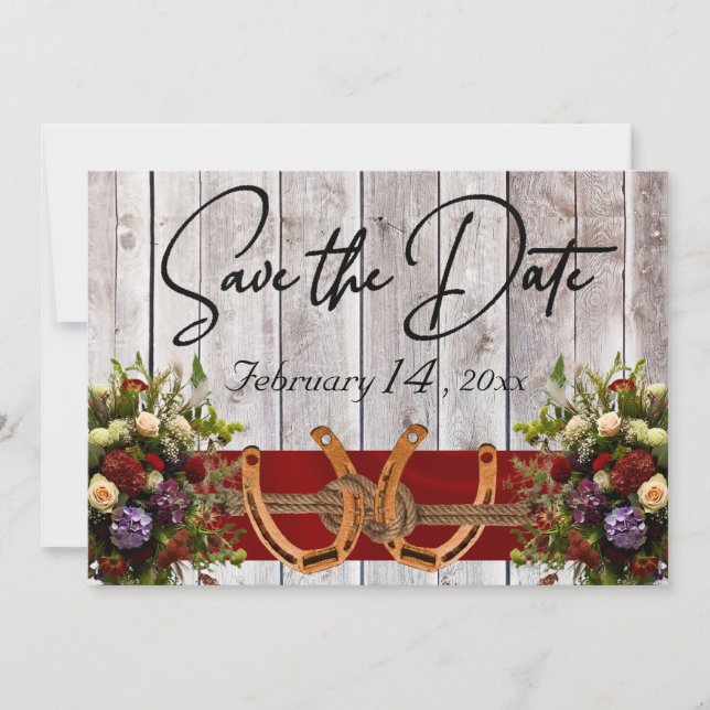 Flower & Horseshoes Red Ribbon Wedding Save The Date (Front)