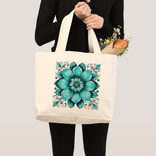 Flower Hyper realistic Pen Illustration Print" Large Tote Bag (Front (Product))