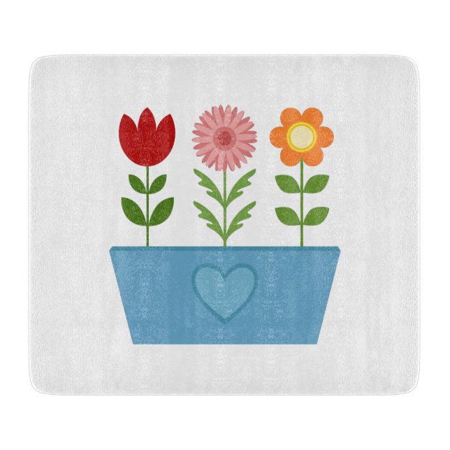 Flower Illustrations in a Blue Window Box Canvas P Cutting Board (Front)