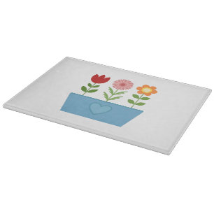 Flower Illustrations in a Blue Window Box Canvas P Cutting Board
