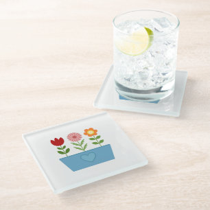 Flower Illustrations in a Blue Window Box Canvas P Glass Coaster