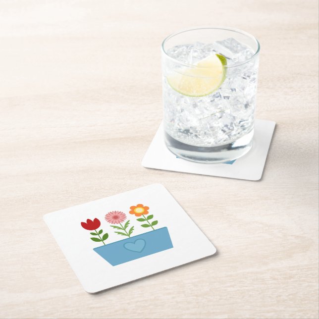 Flower Illustrations in a Blue Window Box Canvas P Square Paper Coaster (Insitu)