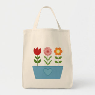 Flower Illustrations in a Blue Window Box Tote Bag