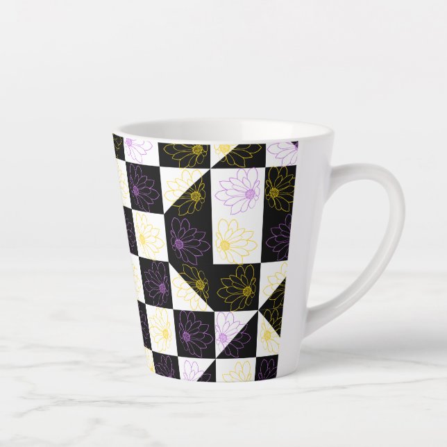flower in Monochrome Aesthetic Chequered pattern Latte Mug (Right)