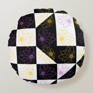 flower in Monochrome Aesthetic Chequered pattern Round Cushion
