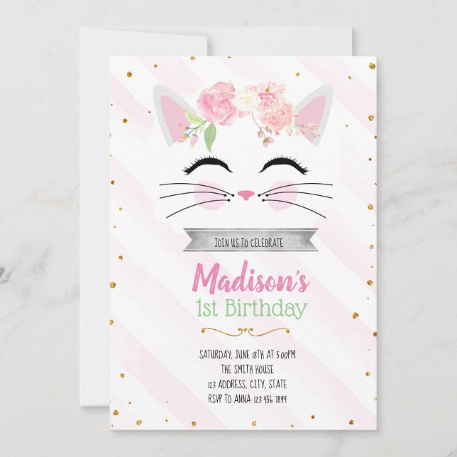 Flower kitty cat birthday invitation (Front)