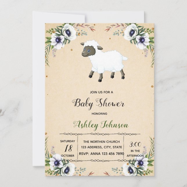 Flower lamb baby shower invitation (Front)