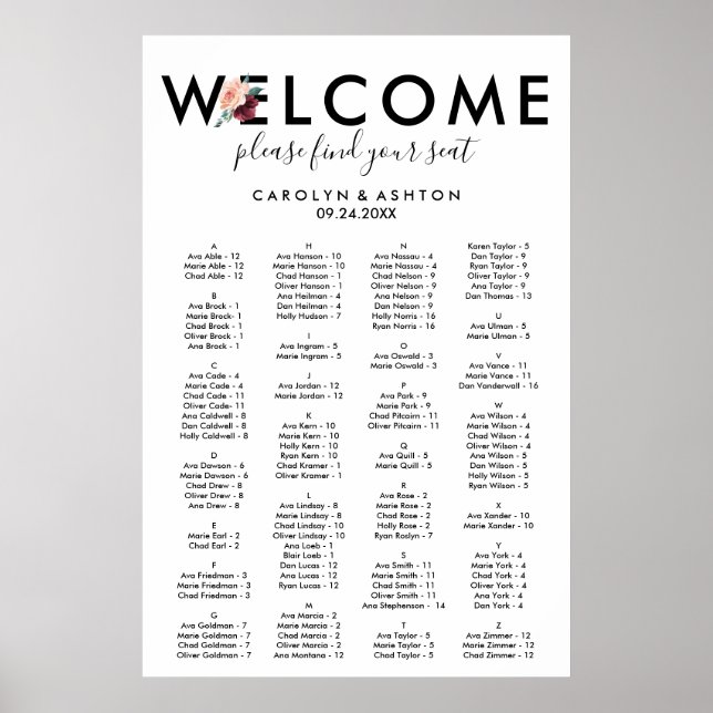 Flower Lettering Maroon Alphabetical Seating Chart (Front)